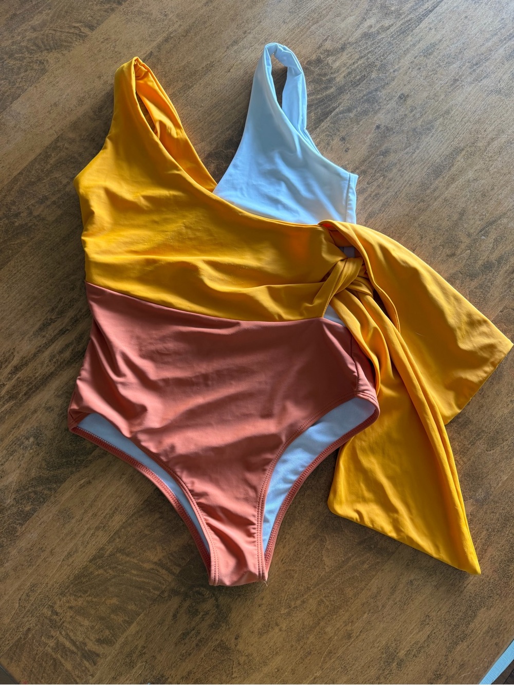 Yellow & Coral Colorblock One-Piece Swimsuit – Side Tie Bow (M)